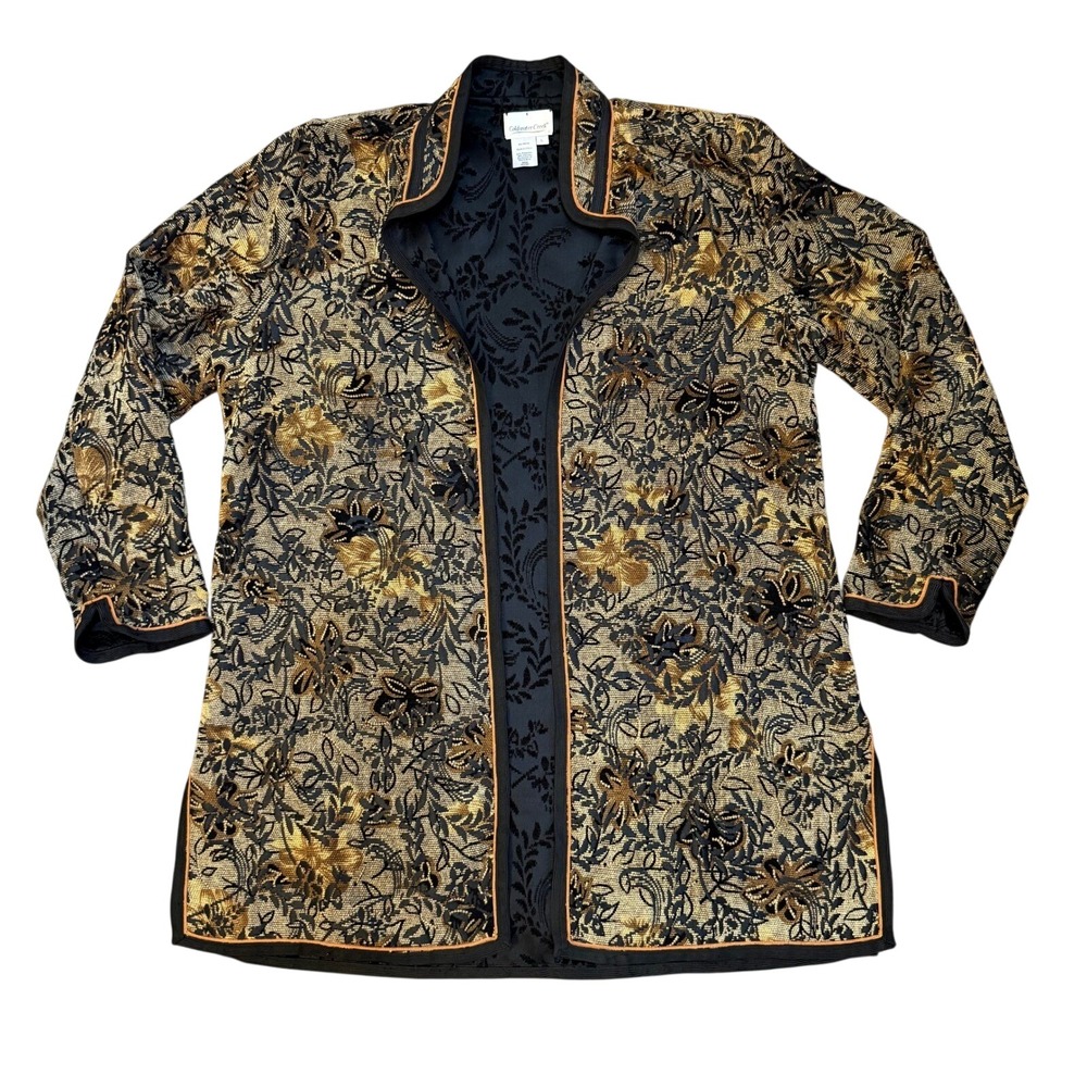Coldwater Creek Women L Embroidered Floral Reversible‎ Kimono Jacket Gold Black